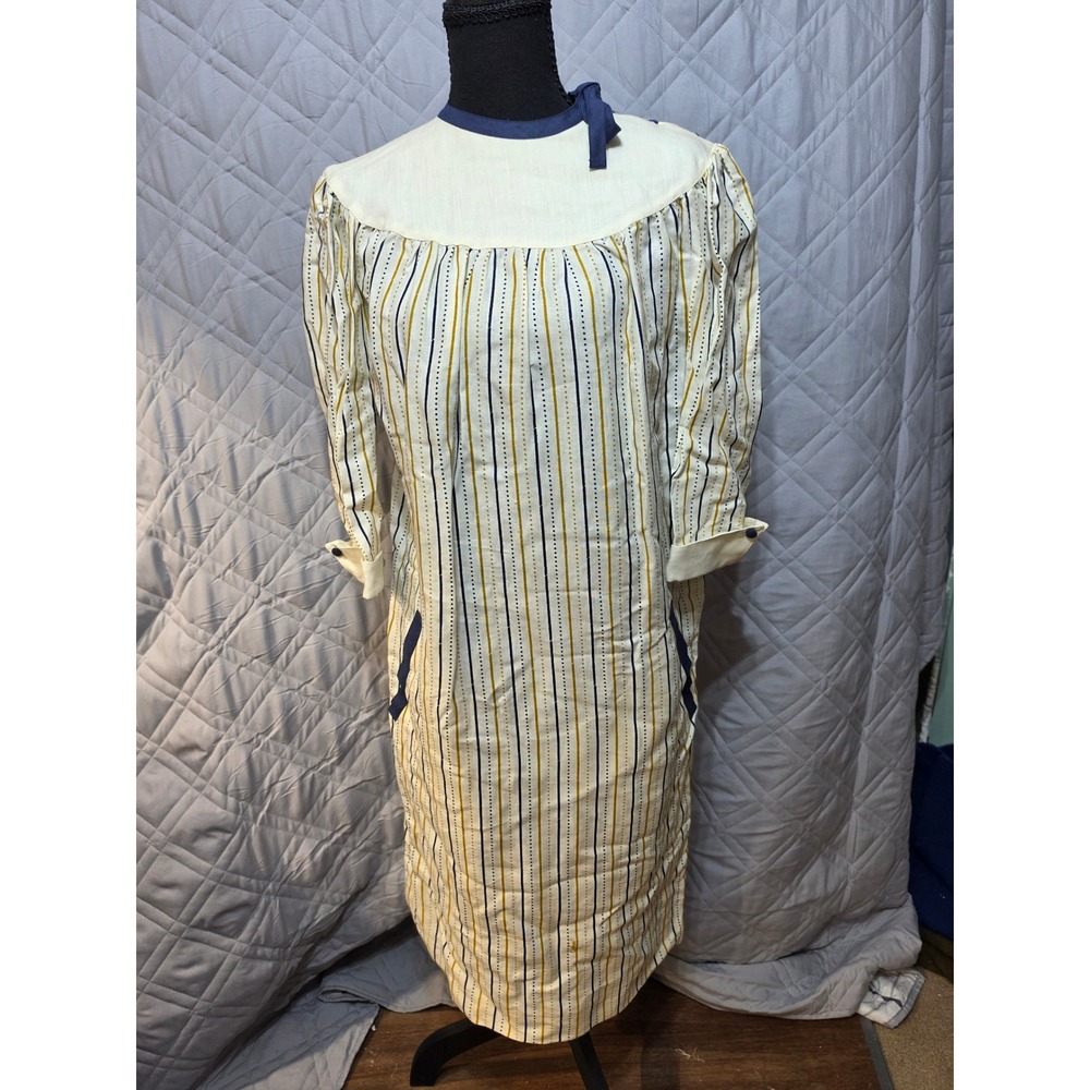 Vintage Mose Milano Italian Striped Shift Dress Navy Ochre Cream Bow Pocket L